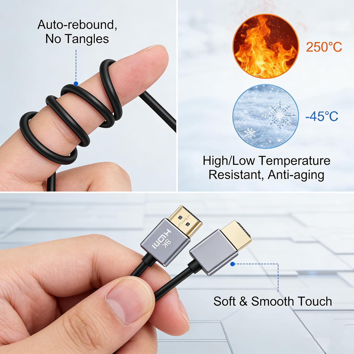 90degree HDMI 8K 60Hz Ultra HD, 4K/120Hz, 48Gbps Slim Flexible Cable for RTX 4090 Gaming Home Theater PS5 Xbox TV PC Monitor Projector Camera, 3M