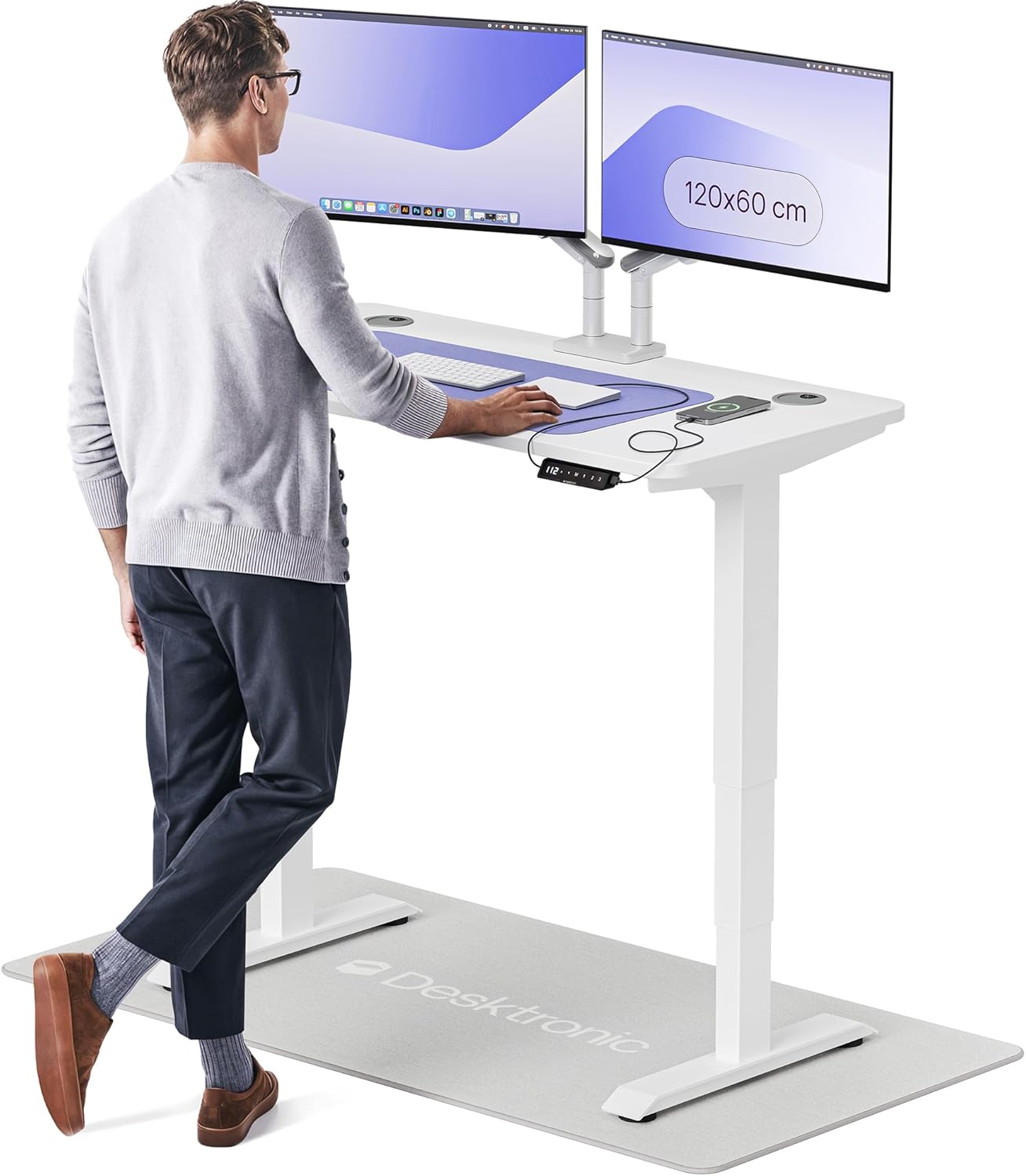 Desktronic Home Pro standing desk in a home office with dual monitors