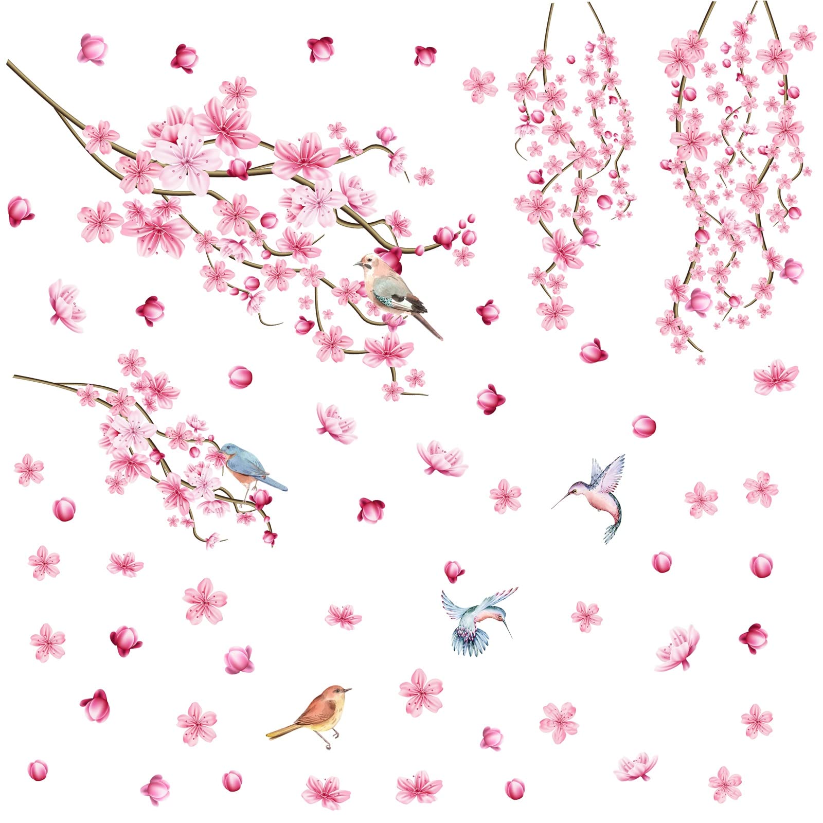 Barri Design Cherry Blossom Flower Wall Stickers Tree Branches Wall Decals Pink Floral Wall Decals Watercolor Birds Flower Wall Decals for Girls Room Bedroom Living Room Nursery Decor