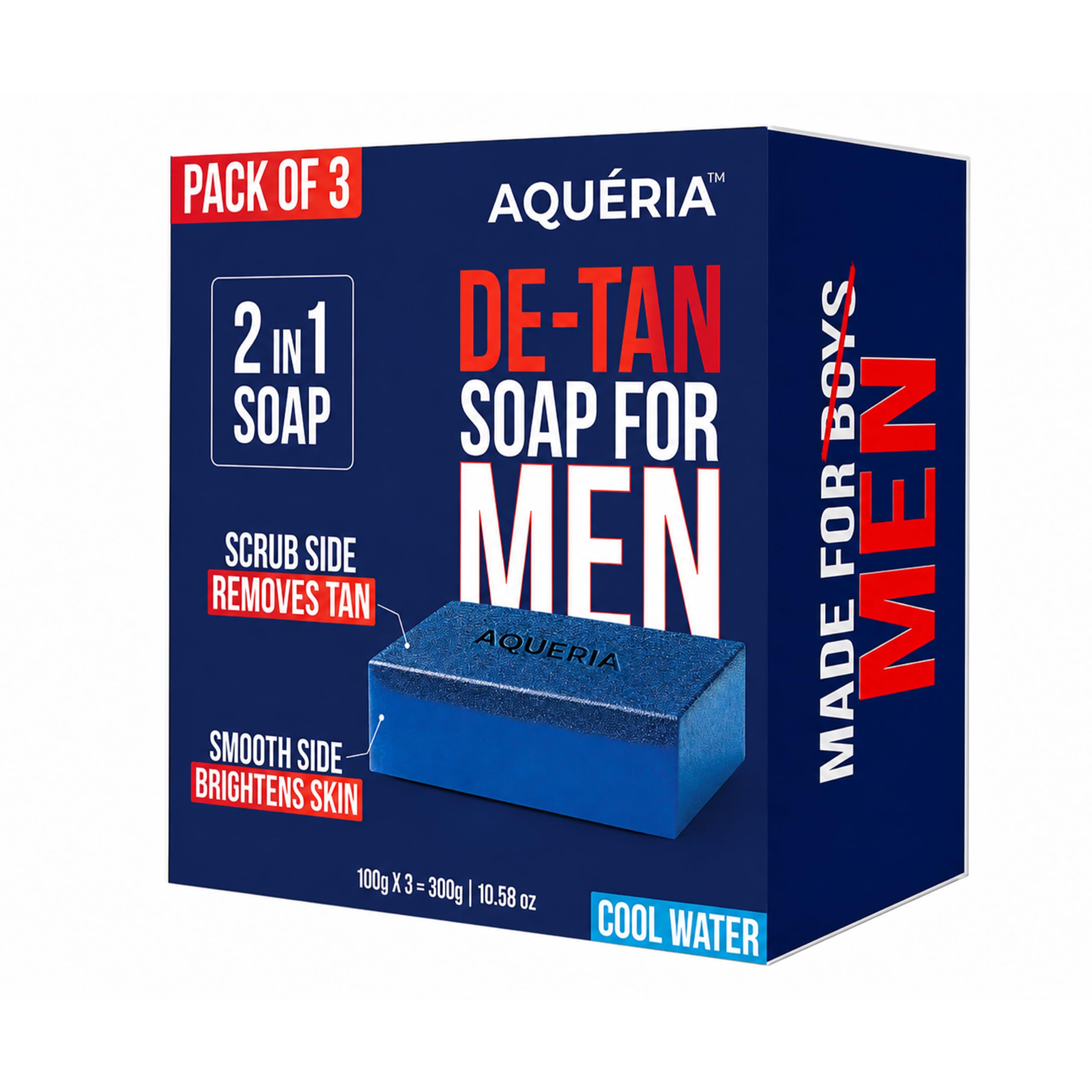 Aqueria De-Tan & Brightening 2-in-1 Bath Soap for Men | Cool Water Fragrance | Scrub Side for Tan Removal & Gentle Exfoliation | Smooth Side for Skin Brightening & Hydration | Deep Cleansing Face & Body Soap For Fresh, Healthy-Looking Skin | 300g (Pack of 3) | Suitable For Daily Use - Lasts Upto 90 Washes.-image-39