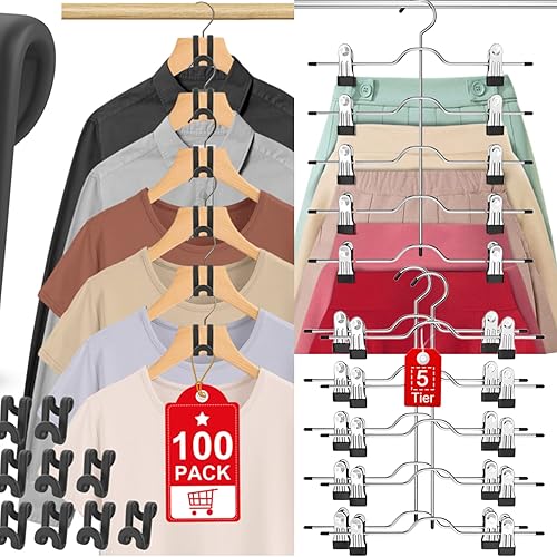 Paquete de 2 perchas para falda de 5 niveles para mujer + 100 ganchos de conector para colgar ropa