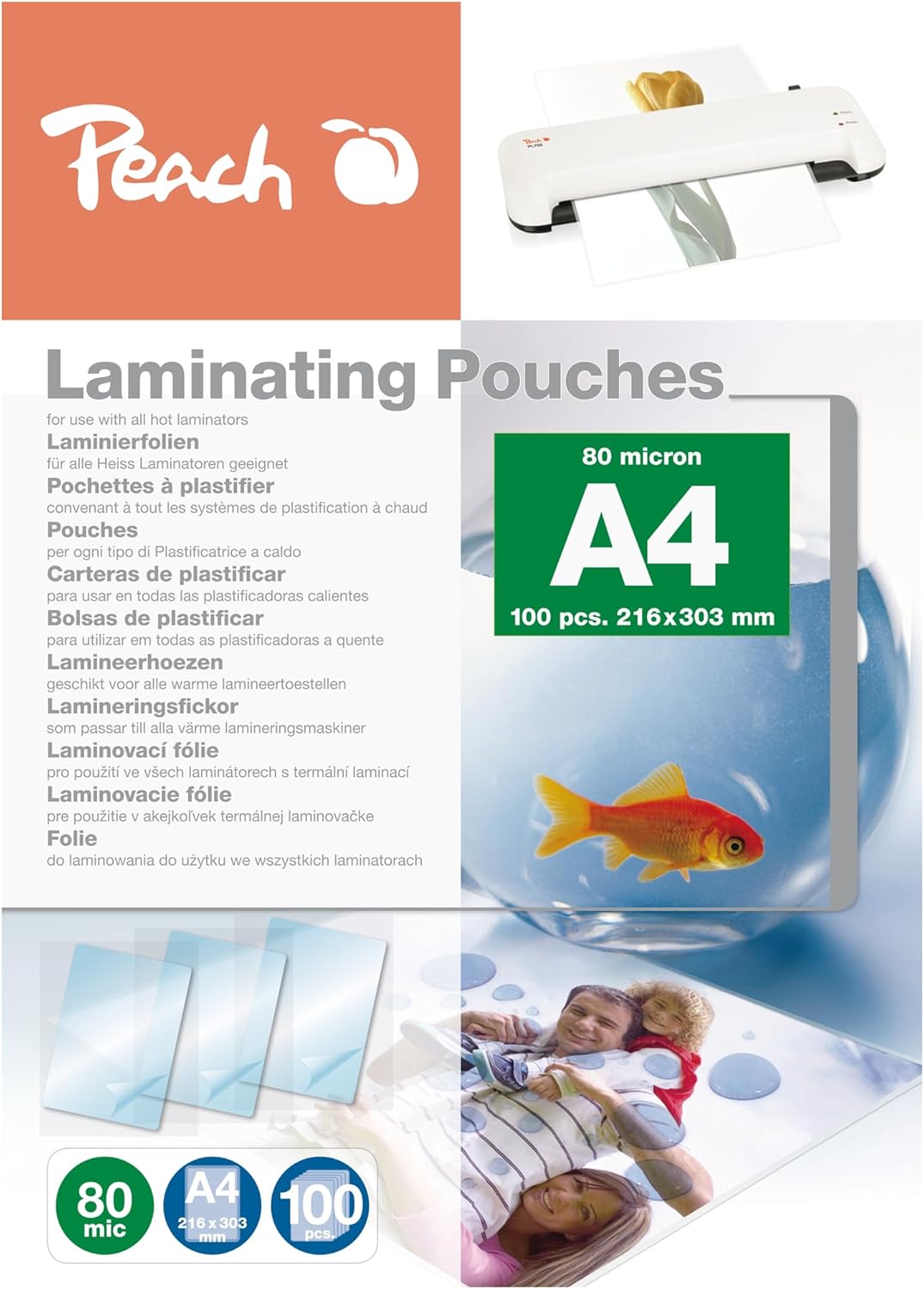 Peach Laminating Pouches A4, 80 mic, Glossy, PP580-02, Set of 100