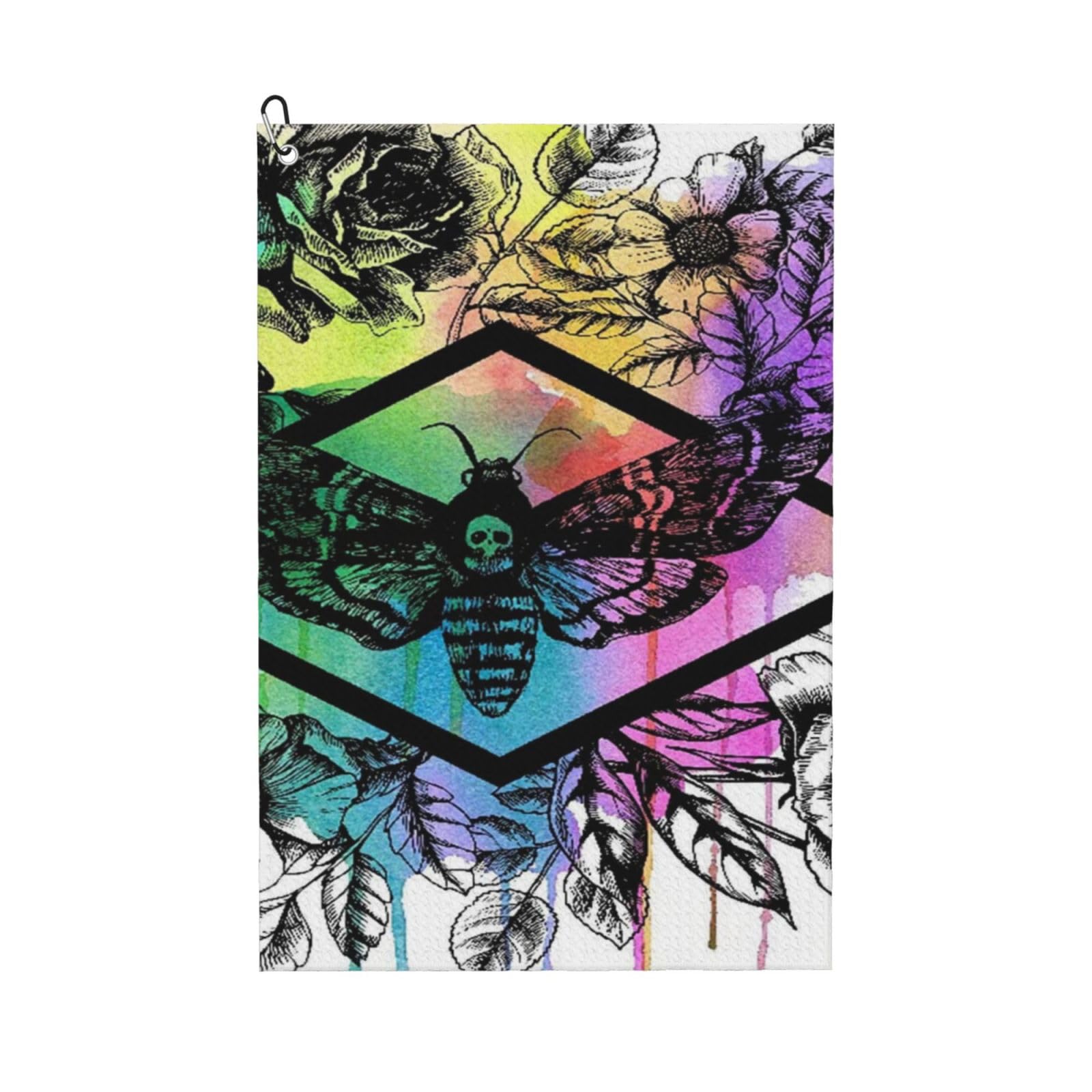 Oudrspo Death's Head Hawk Moth and Floral Flowers Microfiber Golf Towel with Carabiner Clip, 16x24 Inch Absorbent Waffle Weave Towel for Golf Bags