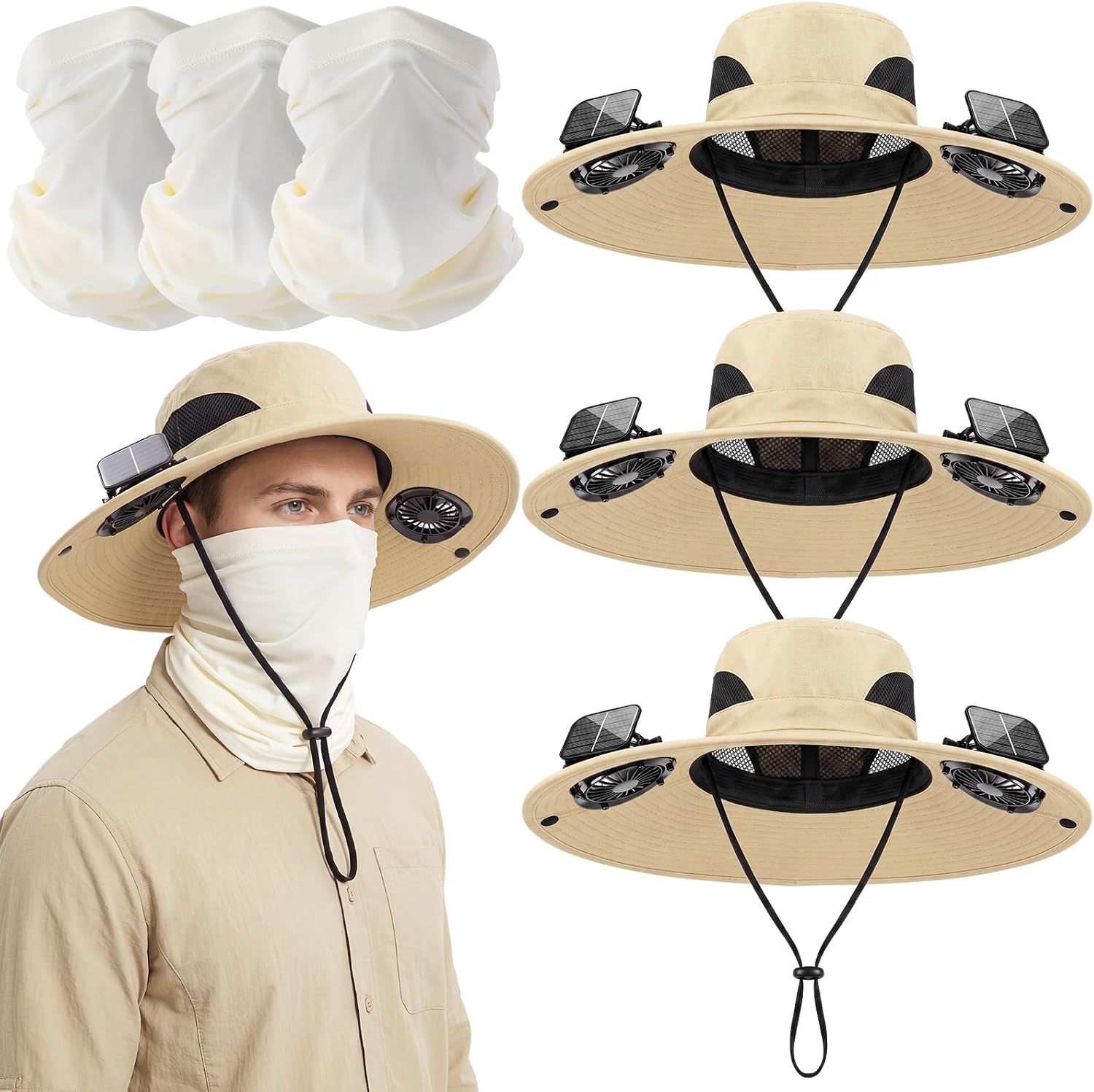 Solar Fan Sun Hats with Neck Gaiter for Men Women, Wide Brim Bucket Cap USB Charging for Summer Outdoor Fishing