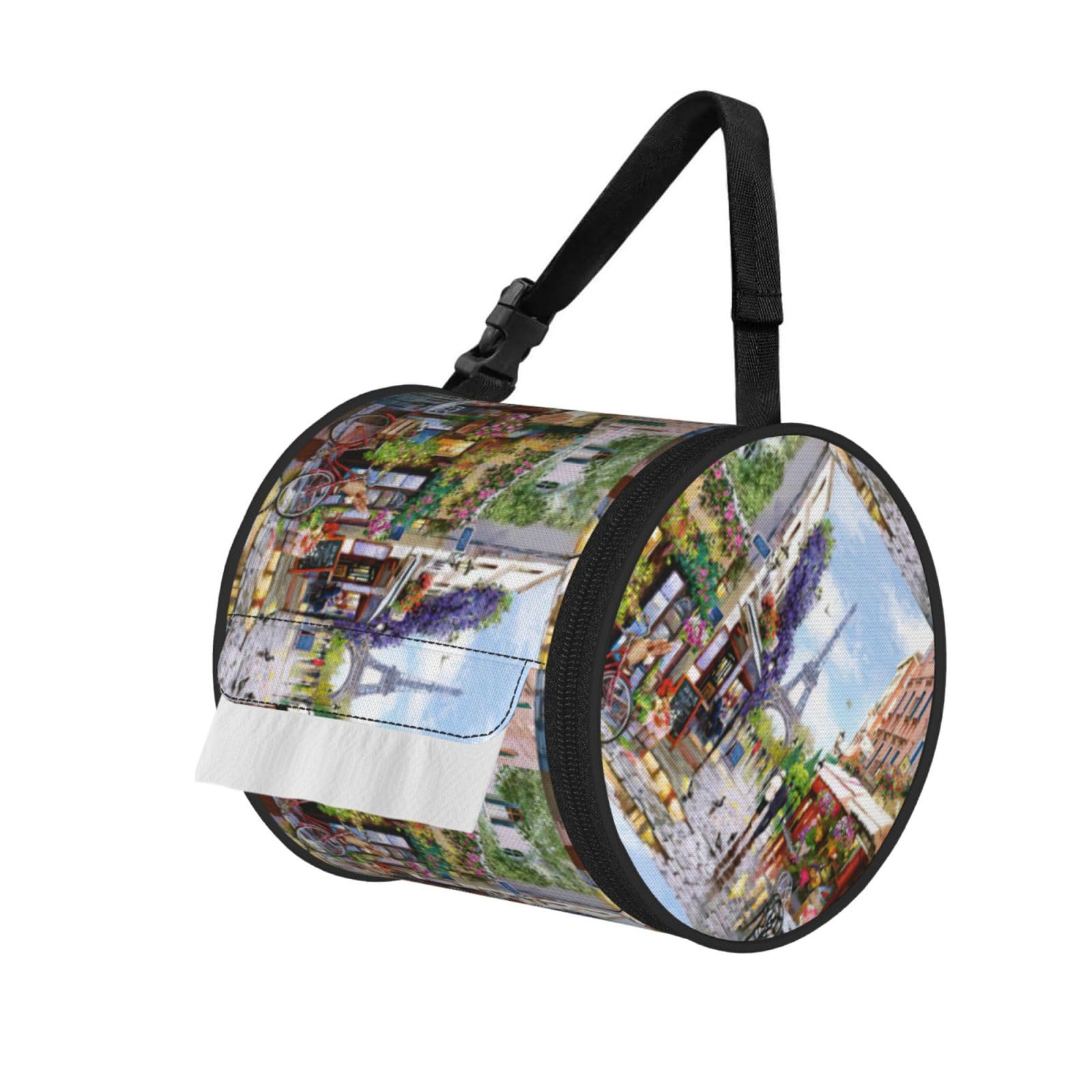 Paris Street Scene Eiffel Tower Printed Roll Paper Carrier Bag, Foldable Oxford Cloth Tissue Case for Camping Hiking Backpack