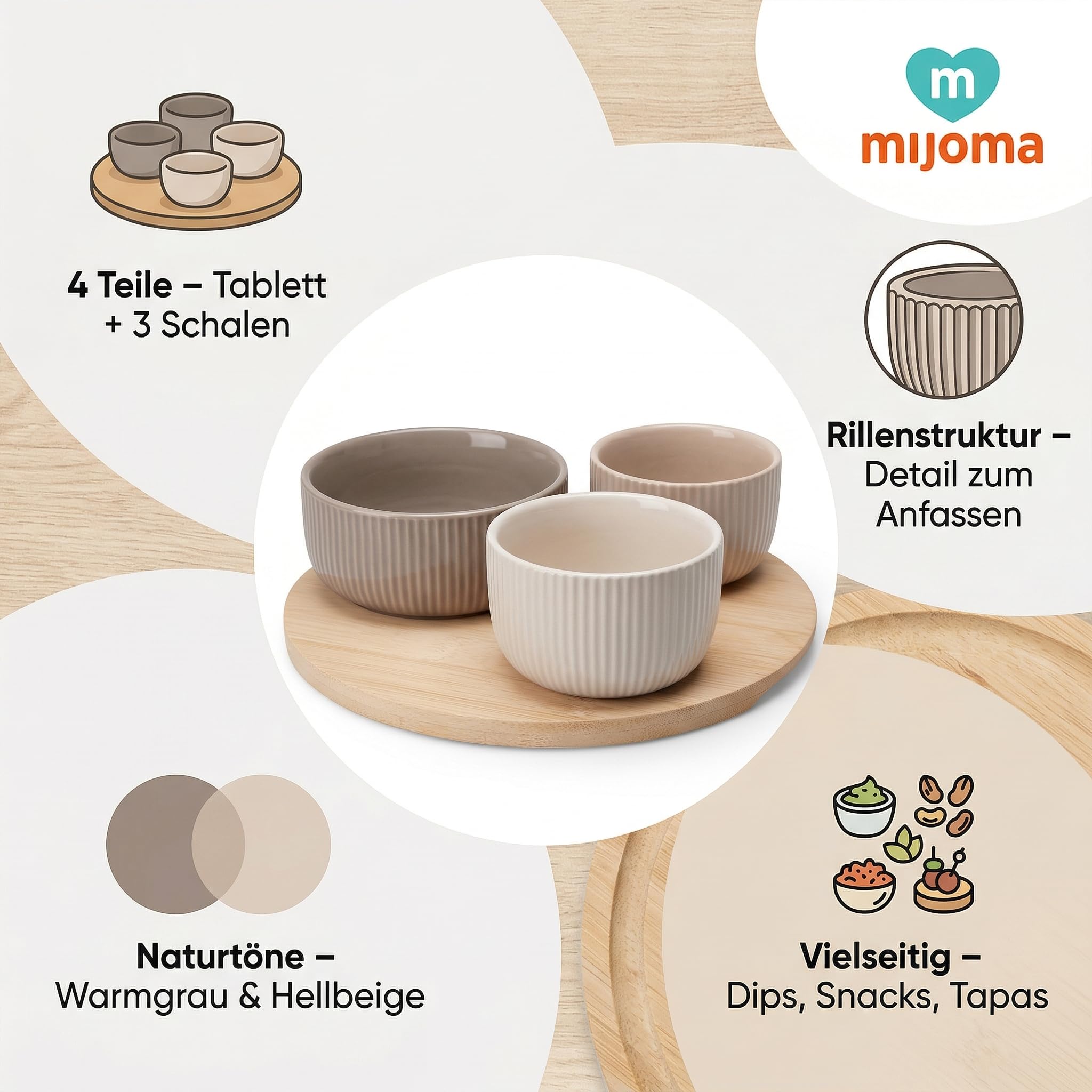 MIJOMA Set di 4 ciotole da portata – tre ciotole in pietra in grigio caldo e beige chiaro – vassoio rotondo in legno con dolce struttura scanalata – per dip, snack e tapas