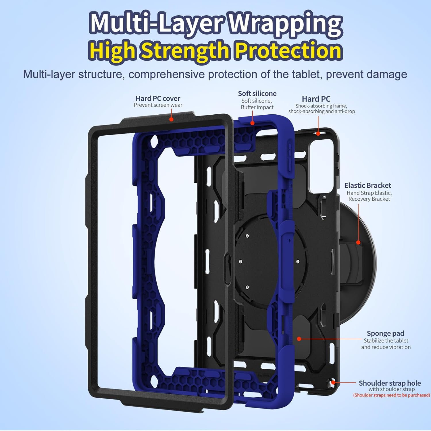 Case Tablet Compatible with Xiaomi Redmi Pad 2 11 inch (2025),Multi-Angle Elastic Bracket+360° Adjustable Swivel Hand Strap Three-in-one Shatter-Resistant Shell W/Shoulder Strap (Blue)