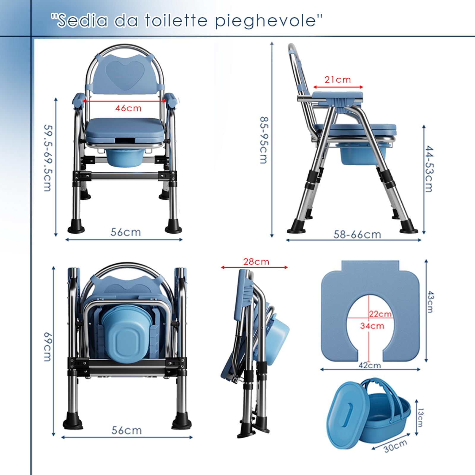 CYHWQ Sedia WC comoda per anziani, sedia WC regolabile in altezza con orinale e cuscino, WC portatile adatto per disabili, anziani, donne in gravidanza e persone ferite, capacità di carico 200 kg