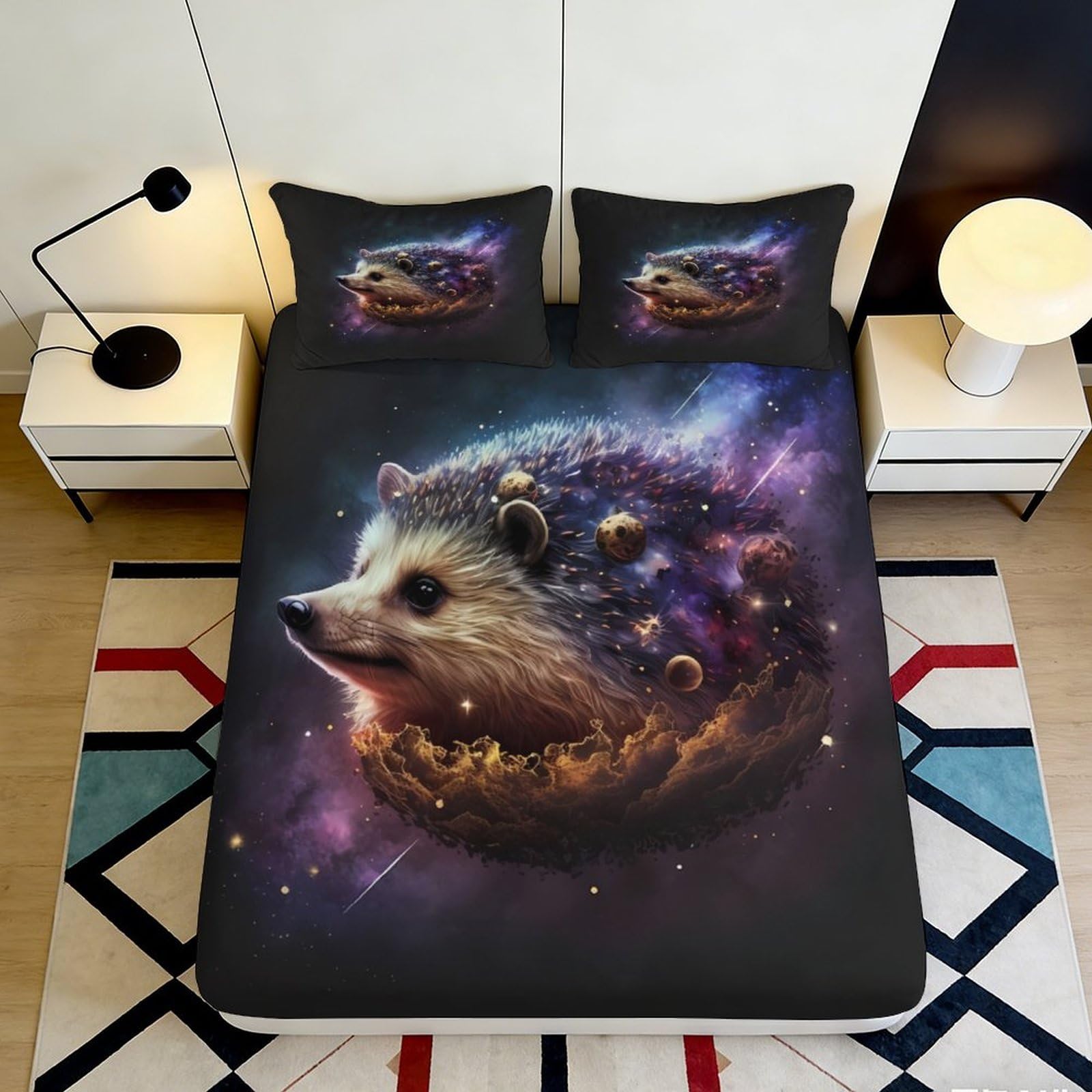 3D Printed Cosmic Hedgehog Fitted Sheet Microfiber Soft Breathable Galaxy Nebula Mattress Cover for Bedroom Dorm Dormitory Guest Room Protection Decor 180x200x25cm