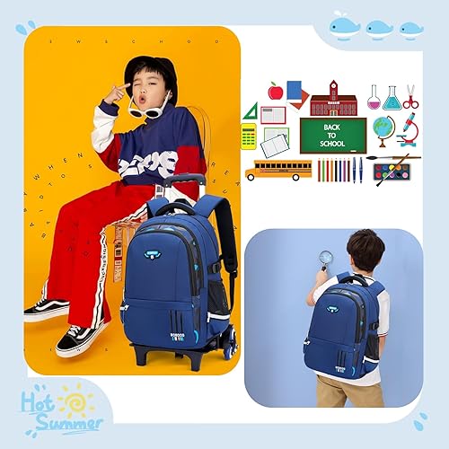 Miniatura 3 de Mochila con ruedas elementales de color sólido, estampado de camuflaje para niños, Azul, Mochilas Daypack