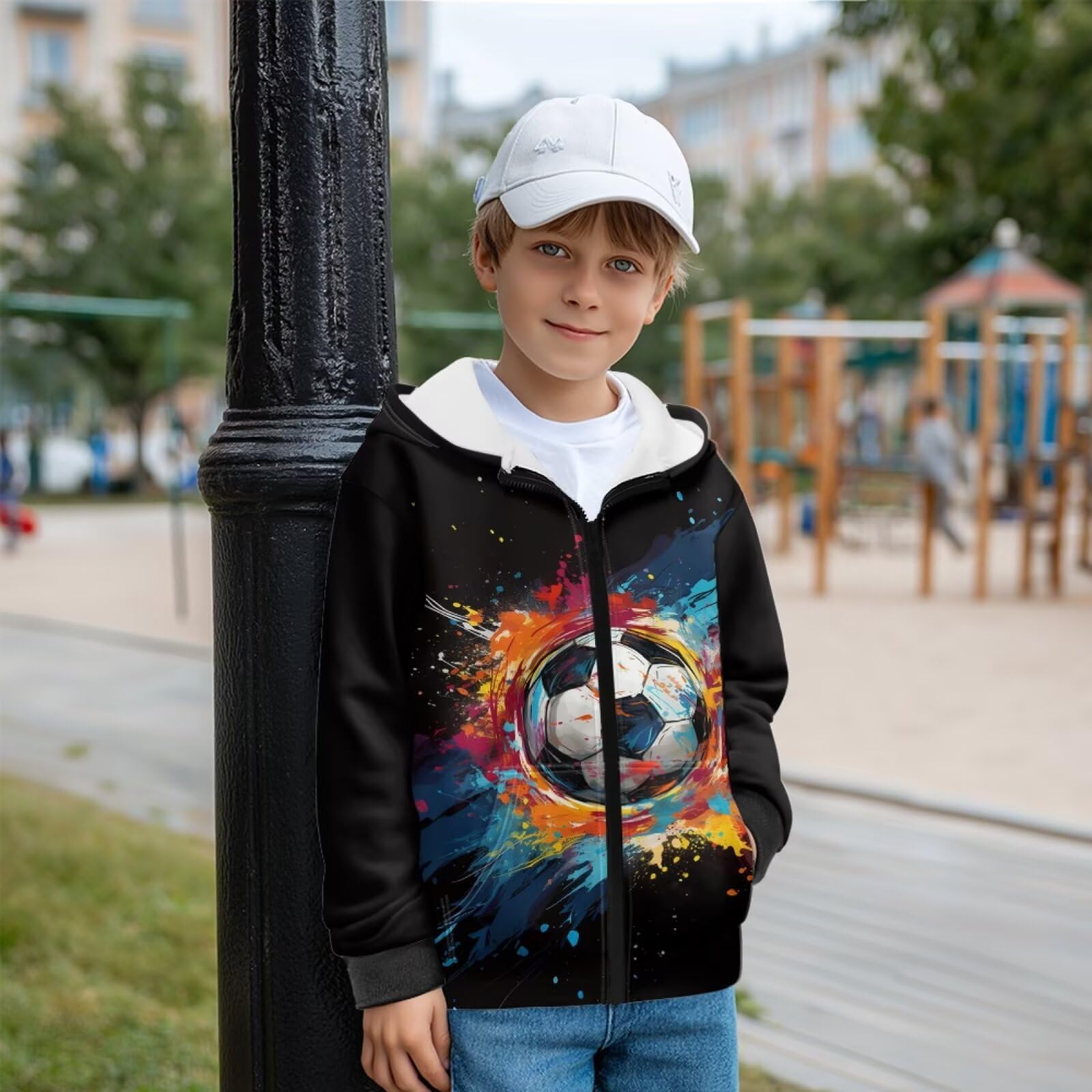 Bluza z kapturem dla dzieci z nadrukiem piłki nożnej z pełnym zamkiem błyskawicznym przytulna bluza z kieszeniami polarowa bluza z kapturem odzież uliczna do szkoły domu, XL