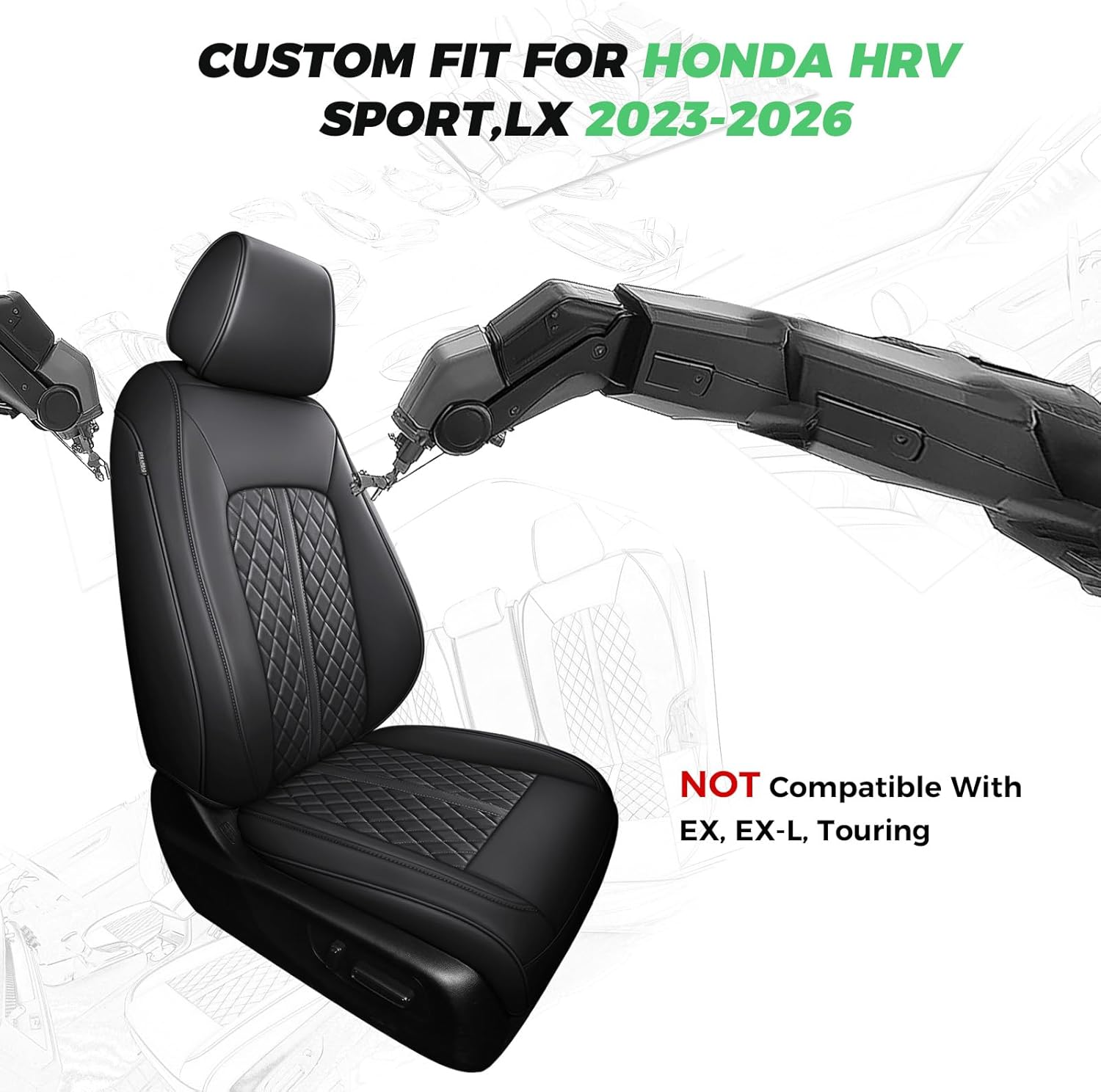 for Honda HRV Seat Covers 2023 2024 2025 2026 Sport LX, Custom Fit Car Seat Cover Full Set, Waterproof Leather HR-V Seat Protectors, SUV Cushions Accessories, Black, NOT Fit for EX-L