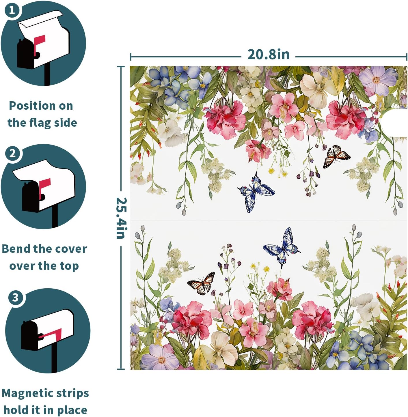 Spring Welcome Mailbox Cover Magnetic Colorful Flowers Butterfly Mailbox Cover Standard Size 25.5 x 21 Inch Summer Floral Holiday Mailbox Wrap Post Letter Box Cover Decorative for Home Outdoor Garden