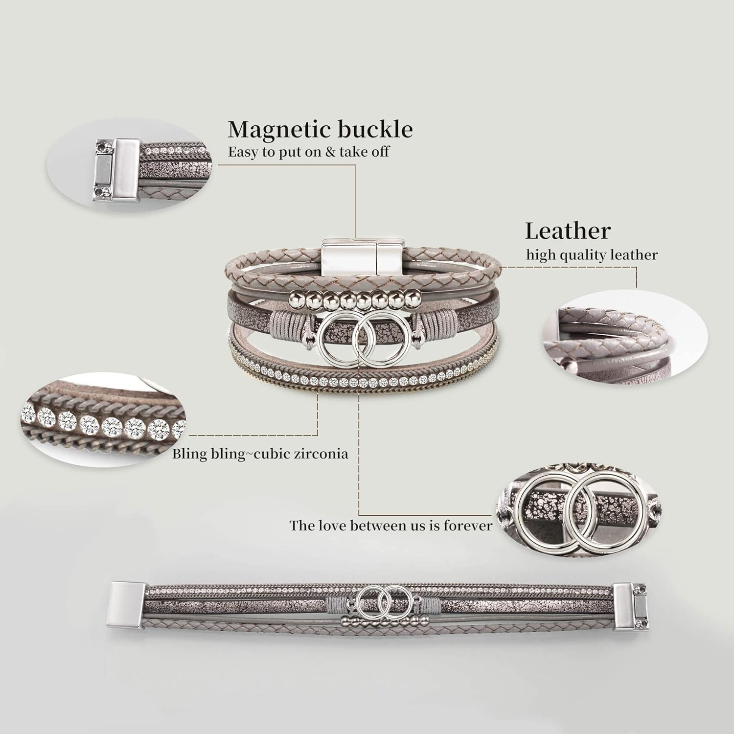 Bracelets for Women，Valentines Day Gifts for Her Teens Leather Bracelets for Women Mothers Day Gifts for Mom Birthday Gift Inspirational Gift for Daughter Wrap Bracelet Sister Friend Teen Girl Gift Layered Christmas Jewelry - Image 5