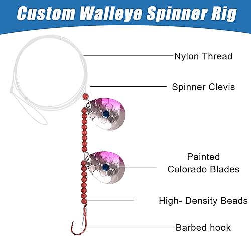 Miniatura 2 de Walleye Spinner Rig Kit, paquete de 5 arneses sobre orugas Walleye Rig pre-aparejado plataformas de cebo vivo Colorado spinners cuchillas giratorias