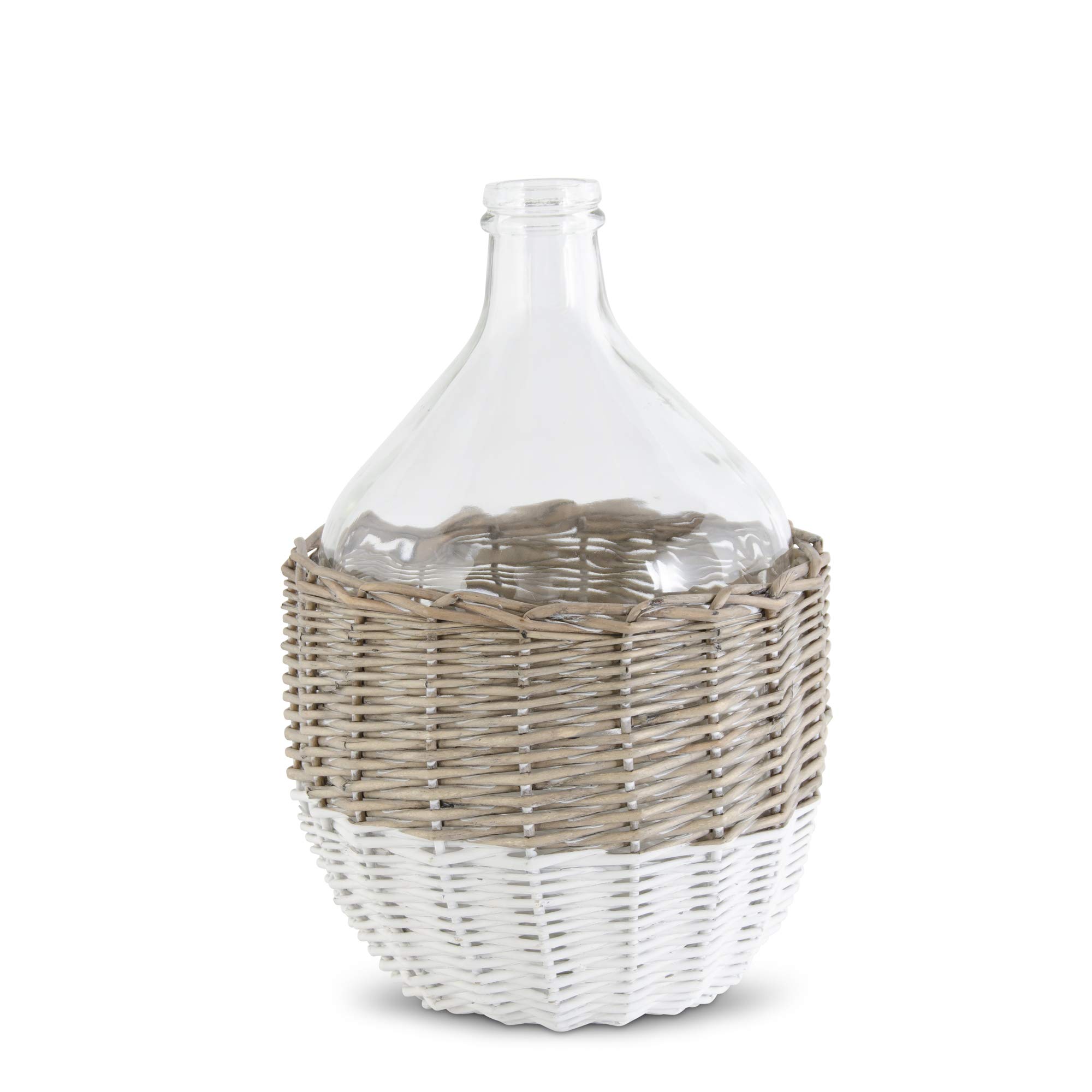 Bouteille en verre transparent avec panier en osier blanc marron 39 cm vase