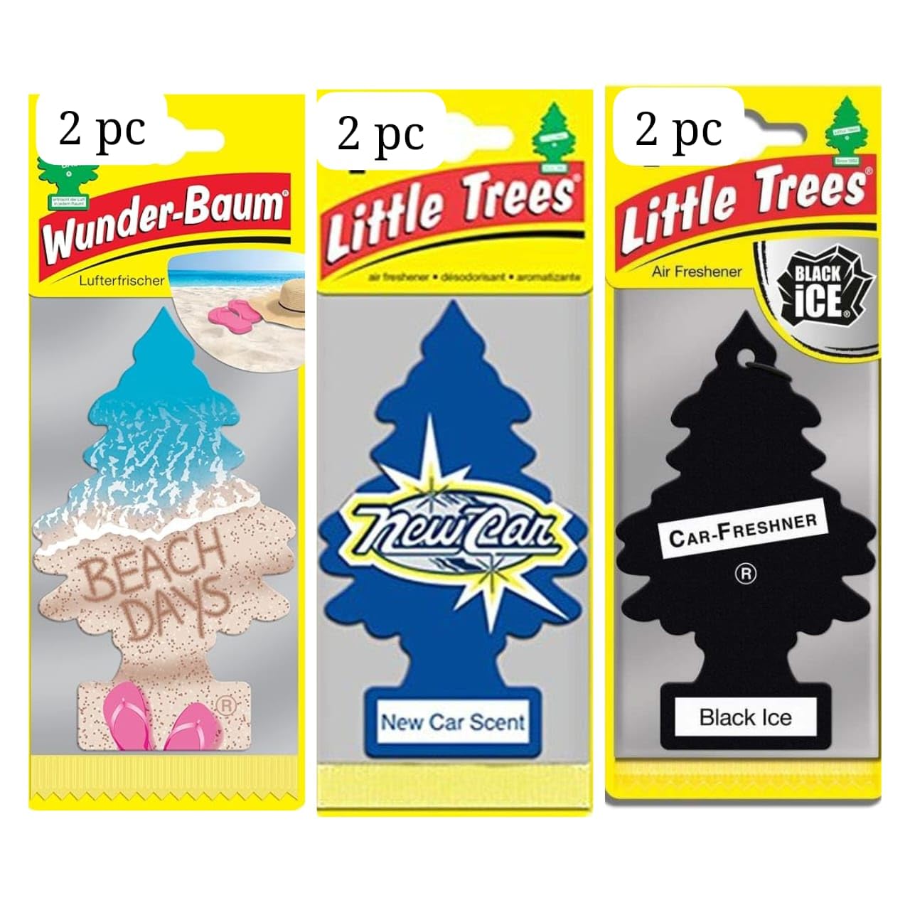 Little Tree Air Freshener, Fragrance For Car & Home, Pack of 6 (2 black Ice + 2 New Car + 2 Beach days)