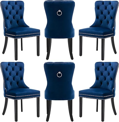 Miniatura 10 de Nikki Collection - Juego de 6 sillas de comedor de terciopelo con patas de madera y anillo de tracción, sillas laterales de lujo con ribete de Negro