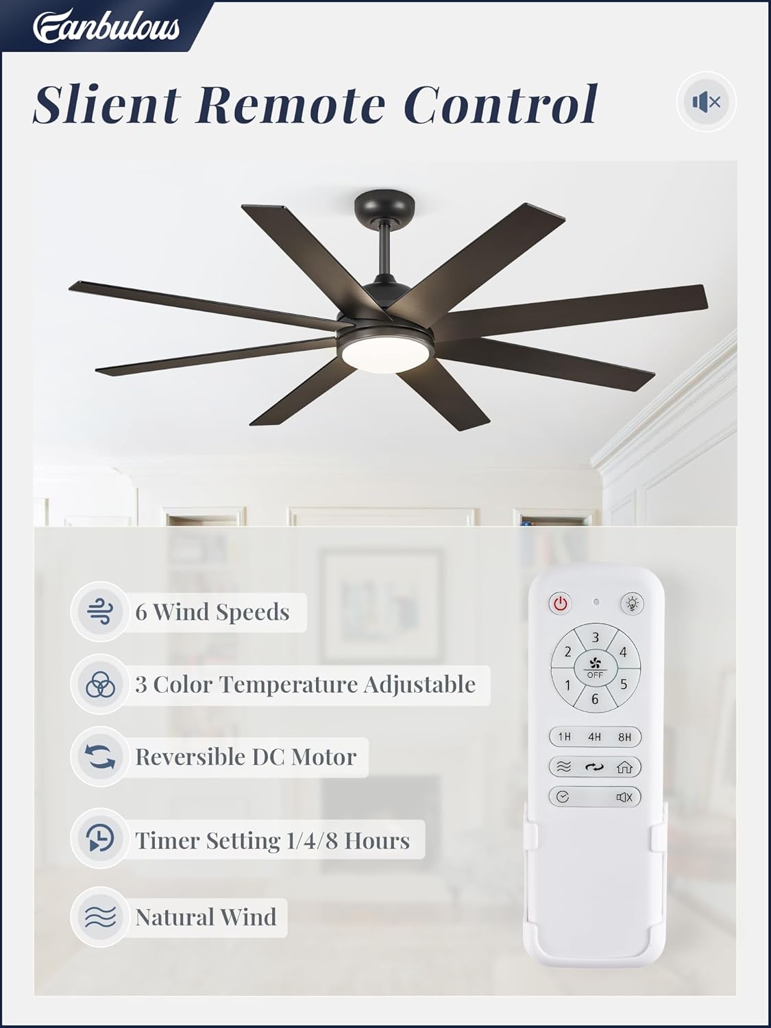 Ceiling Fans with Lights, 60 inch Black Ceiling Fan with Light and Remote, Outdoor Ceiling Fans for Living Room Patio, 6 Speeds, Reversible Quiet DC Motor, 3 CCT, Bi-color 8 Blades - Image 2