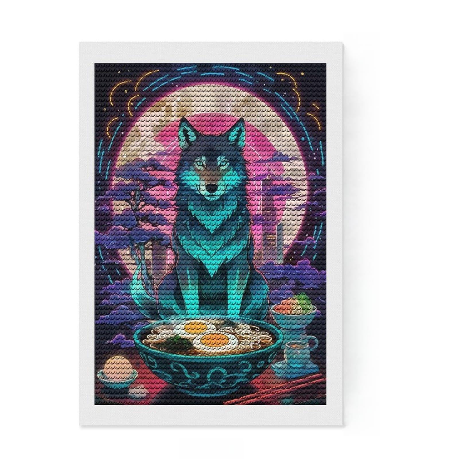 Junmoney Wolf Ramen Art Diamond Painting Kit 8"x12", for Teens, Living Room Decor, Calming Craft to Unwind, Holiday Gift Idea