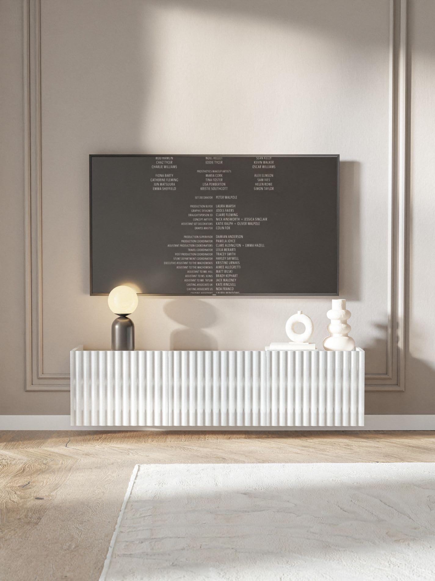 Selsey TV Lowboard Weiß Modernes Hängendes TV-Board 144 cm Hochglanz MDF-Fronten & Laminierter Korpus Push-to-Open-System Ideal für Wohnzimmer Skandinavisches Design