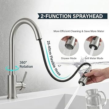 Rewing Kitchen Tap, Kitchen Mixer Taps with Pull Out Sprayer, Kitchen Sink Taps High Arc Swivel 360 with 2 Spray Mode Cold and hot Fittings (Matte Black)