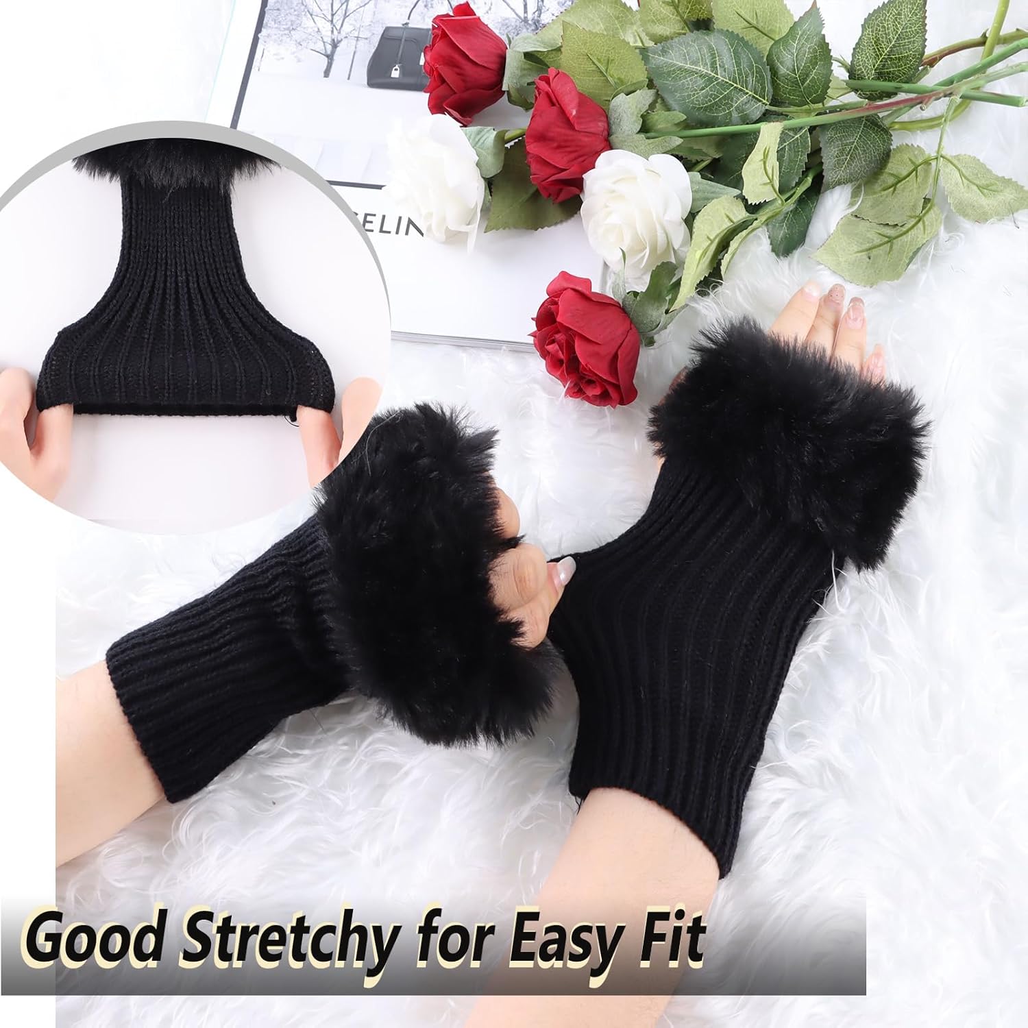 Winter Women Fingerless Gloves Knitted Arm Warmers Hand Mittens ThumbHole Faux Fur Wrist Short Cuff for Women - Image 3