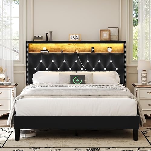 HOMBCK Full Size Bed Frame with LED Lights, Velvet Upholstered Bed Frame Full with Charging Station and Storage Headboard, Modern Diamond and Rivet