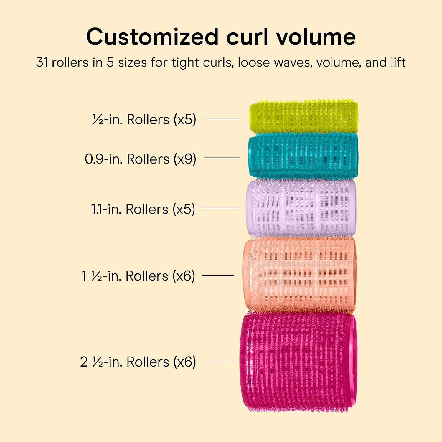 Conair Self-Grip Hair Rollers | Multi-Sized Heatless Curls for Short, Medium, Long Hair, 31 Count, GR61110IN1L