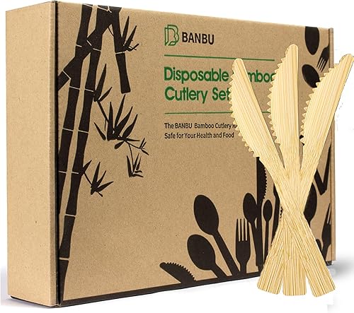 Miniatura 10 de Banbu Utensilios de bambú - 2400PK cuchillos compostables de bambú desechables cuchillos de viaje 100% biodegradables renovables cubiertos naturales