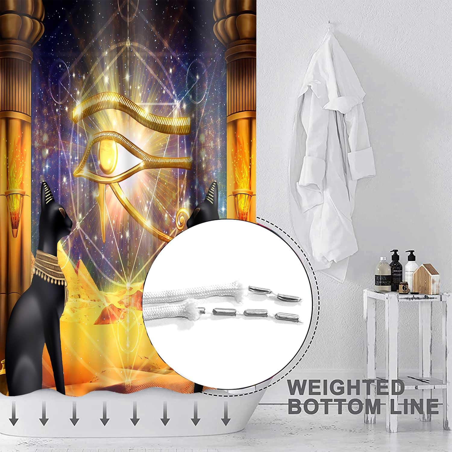 Antiker ägyptischer Duschvorhang – 182,9 X 182,9 Cm, Polyester, Mit Horusauge & Schwarzer Katze, Inkl. 12 Haken
