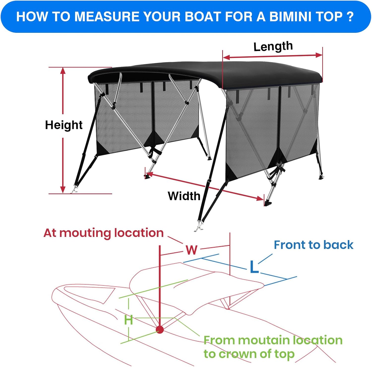 Leader Accessories 3 Bow 4 Bow Bimini Top Cover for Boat with Mesh Sidewalls Includes 4 Straps 2 Rear Support Poles Storage Boot 1" Aluminum Frame (Black, 4 Bow 73"-78" W)