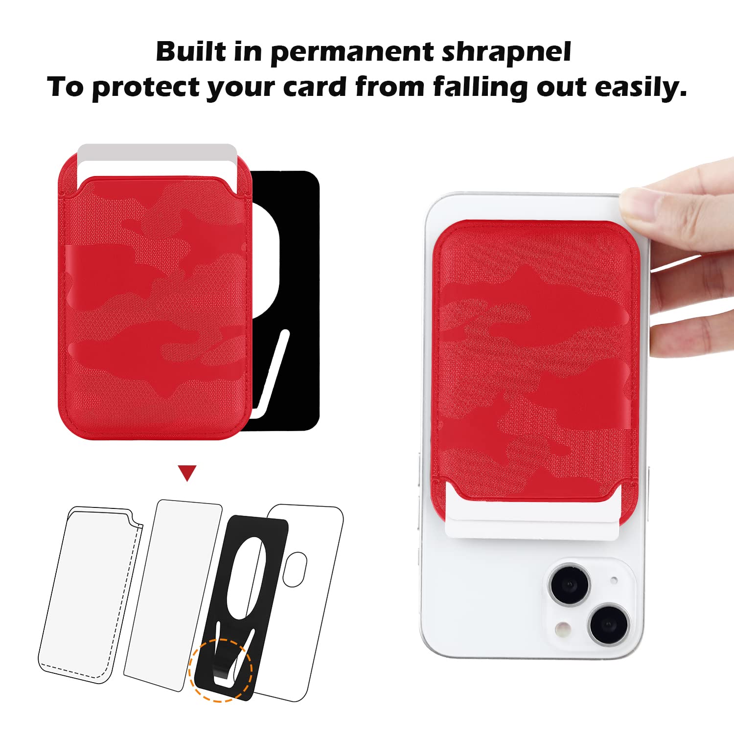 FIDWALL Magsafe Wallet Portafoglio Tessuti in Pelle per iPhone 16/15/14/13/12 Max/Pro/Plus/mini,con Anello in Ferro per all Phone Case,RFID Card Holder con Magsafe Magnete (Rosso mimetico)