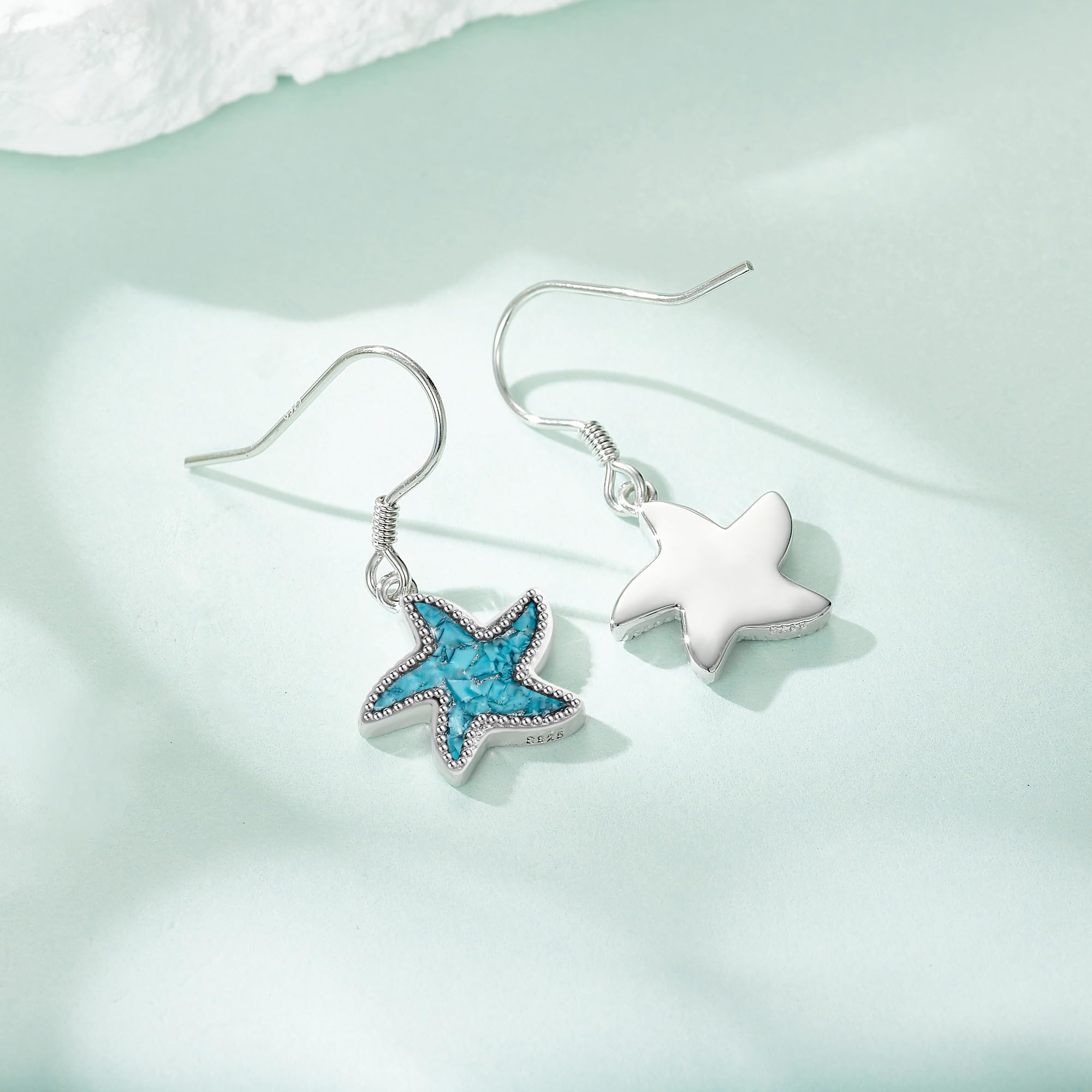 Pendientes de estrella de mar de plata de ley 925 turquesa con diseño de pez marítimo playa pendientes de playa joyas regalos para mujeres niñas estrella de mar océano regalo, Turquesa