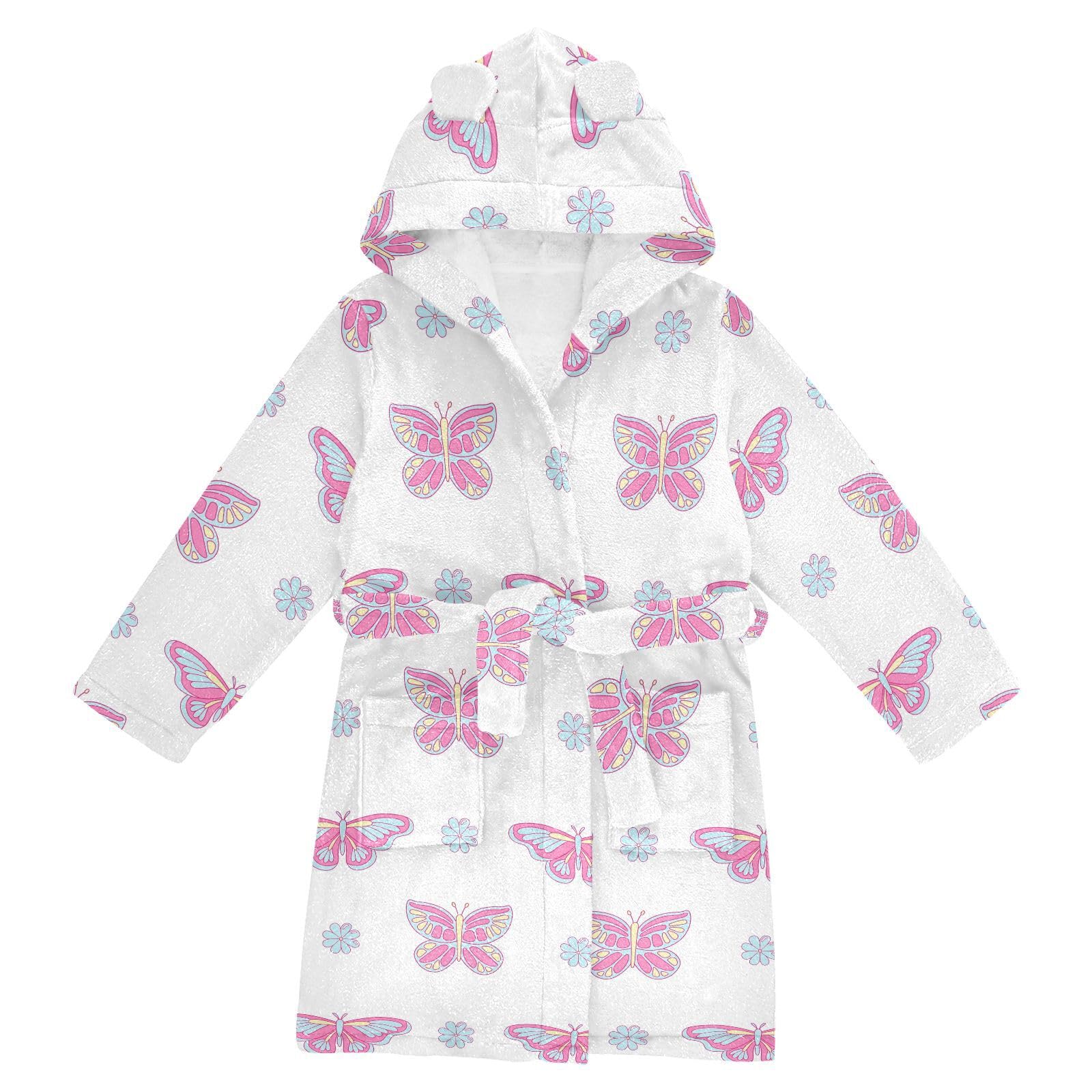 WIFIU Toddler Baby Hooded Bathrobe for Boys Girls Daisy Flower and Butterfly Printed, Soft Plush Bath Towel Robe with 2 Pockets for 10-12 Years