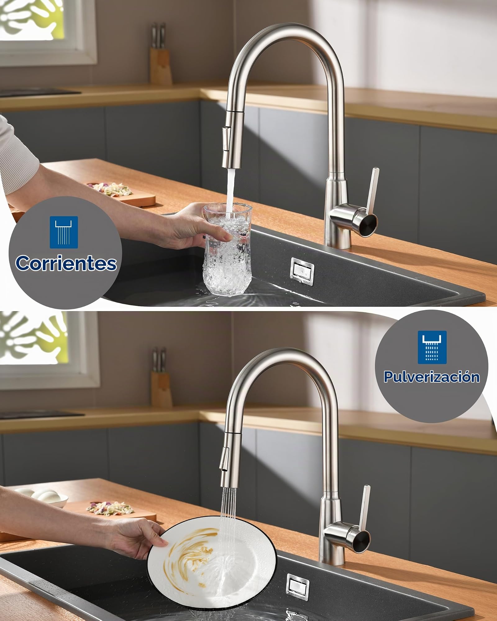 Grifo de Cocina con Ducha Extraíble, Mezclador para Fregadero de Alta Presión, Acero Inoxidable, Giratorio 360°, 2 Modos de Chorro, Grifo de Cocina Moderno