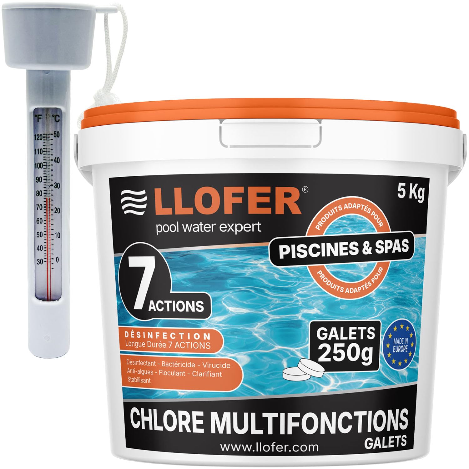 Pack Chlore Multifonction Piscine 7 Actions 5 kg + Thermomètre Piscine Inclus - Galets 250 g - 92% Chlore Actif - Désinfection Longue Durée - Fabriqué en Europe