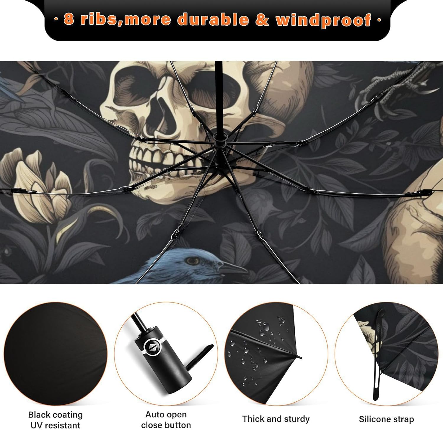 Gothic Skull Crows Umbrellas for Rain Travel Umbrella Compact Folding Lightweight Portable Automatic Umbrella