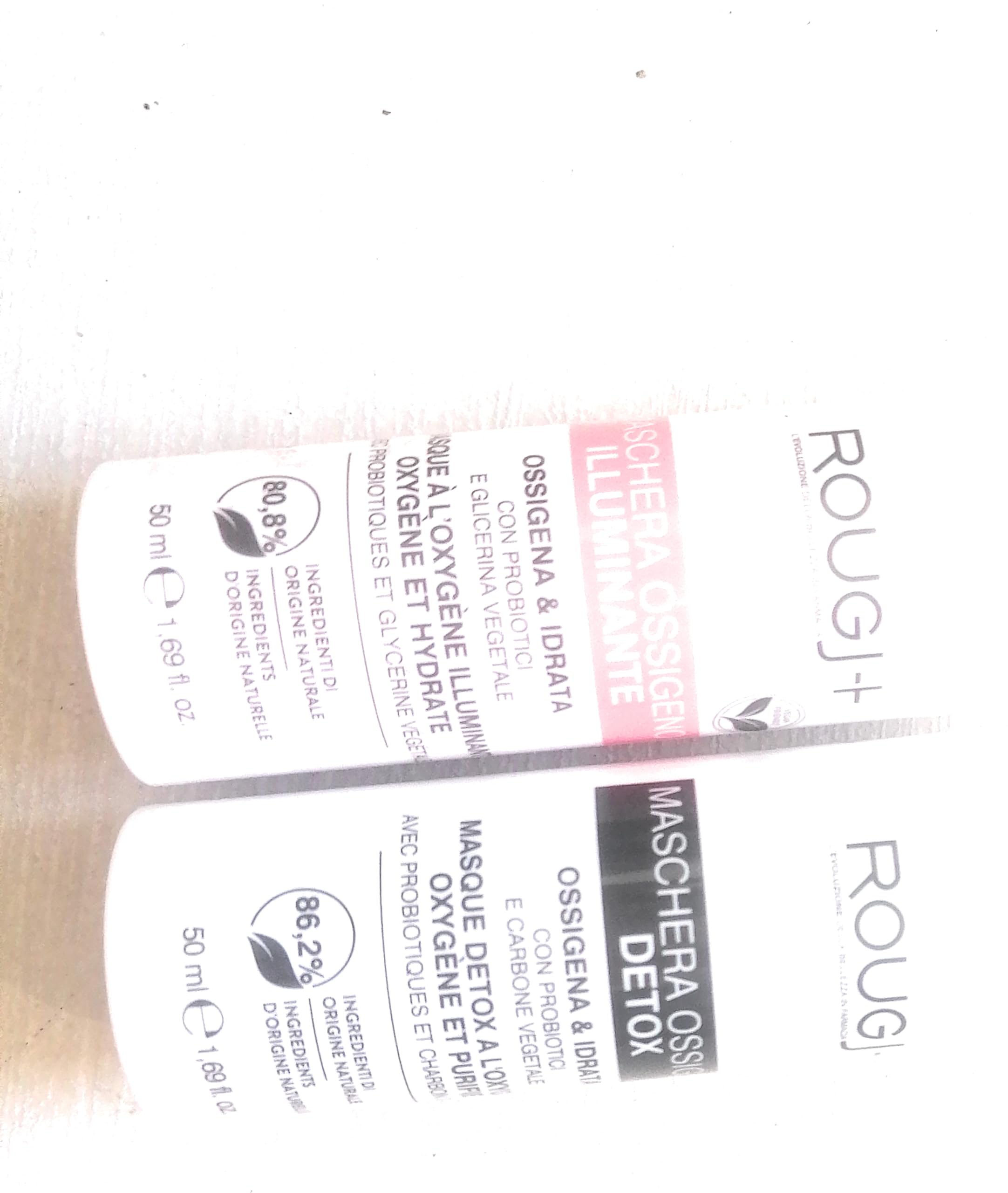 Rougj Maschere Viso, Set di 2, Illuminante e Idratante con Probiotici, Glicerina e Carbone Attivo Vegetale