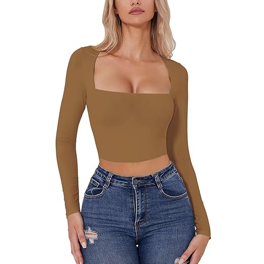 Dressmine Womens Skim Dupes Long Sleeve Shirt Crop Seamless Double Lined T Shirt Basic Casual Top Brown Small