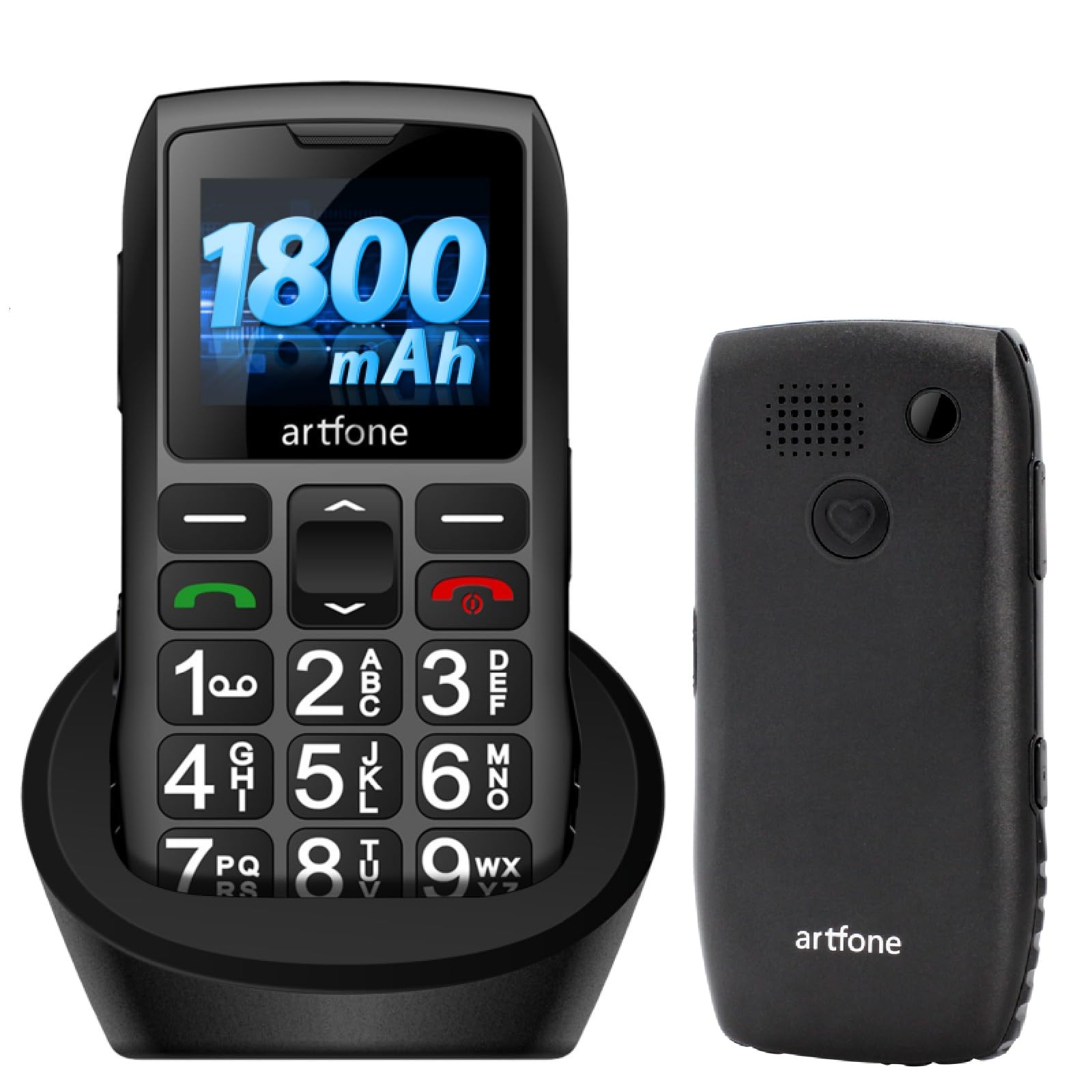artfone C1+ Nero - Telefono Cellulare per Anziani con Tasti Grandi丨Volume alto丨Funzione SOS丨Chiamata Rapida丨Base di Ricarica丨Batteria da 1800 mAh丨Doppia SIM丨GSM Senior Telefoni per Persone Anziane