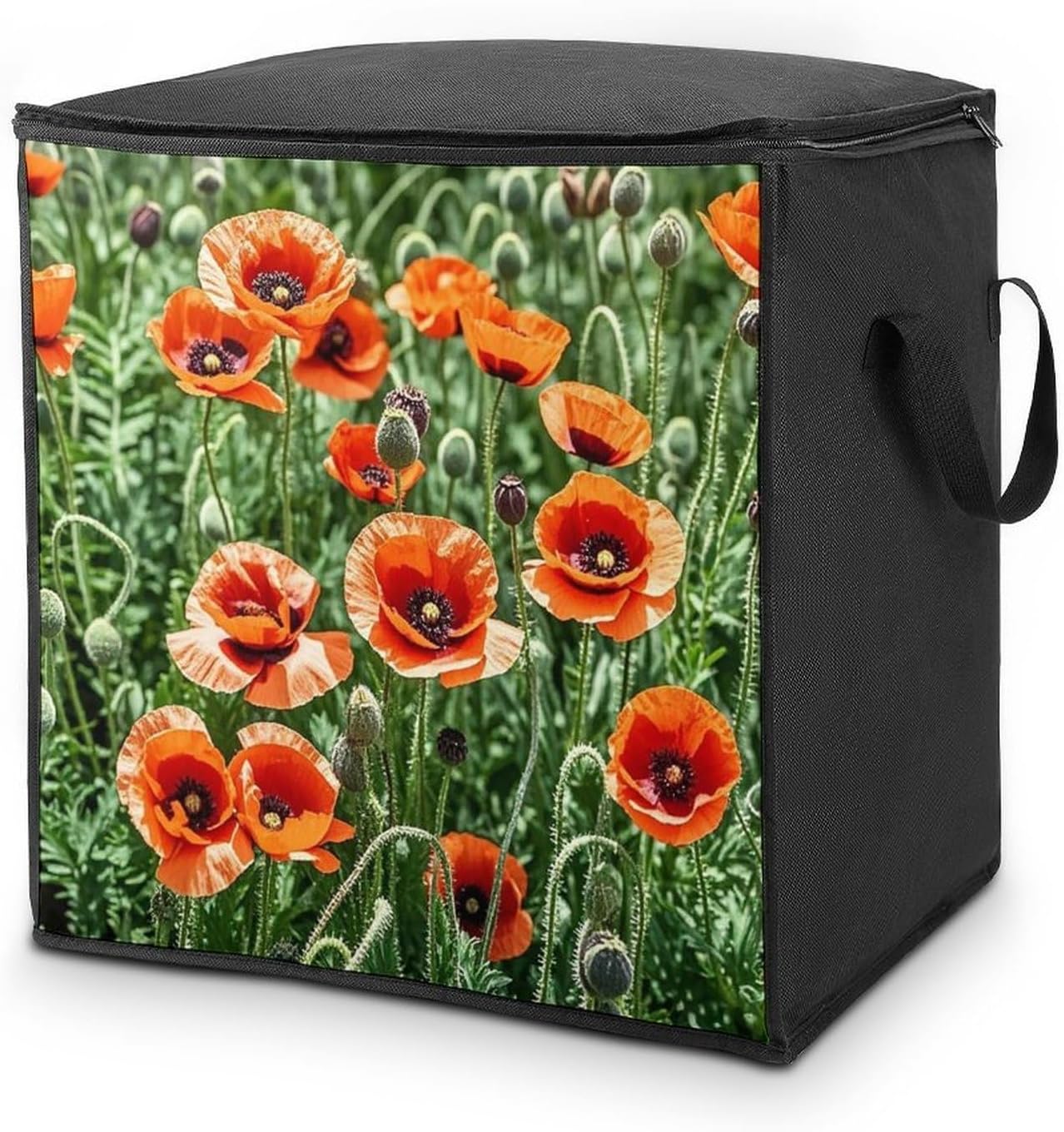 Large Red Poppy Flowers Leaves Storage Bags with Handle Foldable Closet Organizers Clothes Storage Bins Bedding Storage Containers Fabric Moving Bags Blanket Comforter Storage Bag 70L