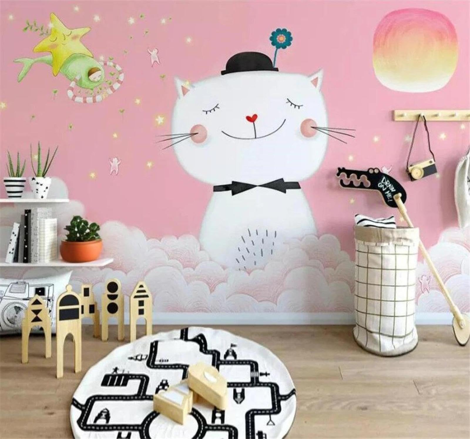 Wallpaper-3D-Xlm 350Cm×256Cm(B×H) Minimalist Cartoon Hand Drawn Kitten Art 3D Wallpaper Easy Install Feature Office Living Room Sofa Bedroom Tv Background Wall Decoration-350Cm×256Cm