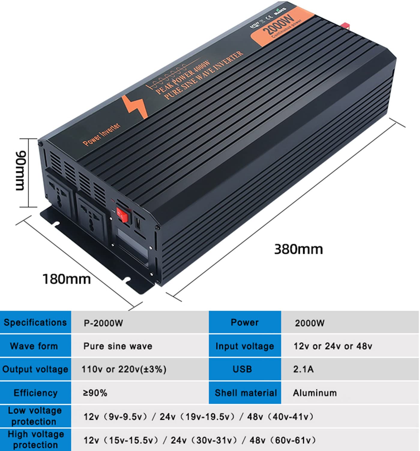 1000W 1500W 2000W 3000W 3500W konwerter napięcia czysta fala sinusoidalna falownik samochodowy DC 12V 24V 48V do AC 230V przetwornica mocy konwerter czysta fala sinusoidalna,2000W-48V