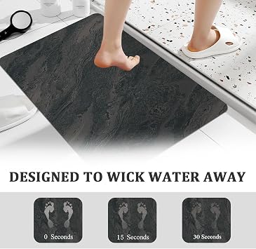 Stone Drying Mat Bathroom, 40x60cm Diatomite Stone Bath Mat Quick Dry, Marble Pattern Non-Slip for Bathroom Kitchen Living Room (Black)