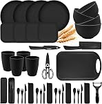 38Pcs Wheat Straw Dinnerware Set,Unbreakable Plates and Bowls Sets,Reusable Camping Dishes with Cutlery and Cutting Board Microwave Safe for RV Picnic Dorm Travel