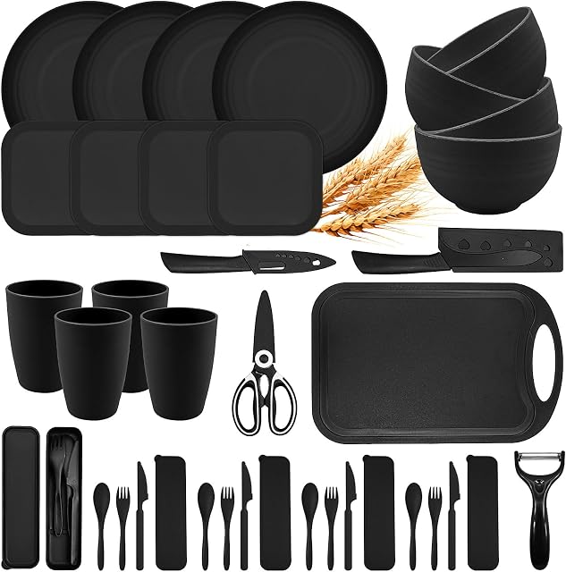 38Pcs Wheat Straw Dinnerware Set,Unbreakable Plates and Bowls Sets,Reusable Camping Dishes with Cutlery and Cutting Board Microwave Safe for RV Picnic Dorm Travel