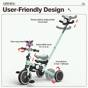 Ridego 5 in 1 Toddler Bike, Foldable Bike for Toddlers 2-5 Years Old Boys and Girls, Kids Tricycle with Push Handle,Tricycle for 2 Year Old Toy and Gift with Removable Pedal