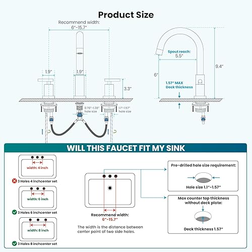 Miniatura 6 de gotonovo Grifo de lavabo de lavabo de baño de 3 agujeros y 2 manijas con drenaje desplegable con válvulas mezcladoras frías y calientes de 8