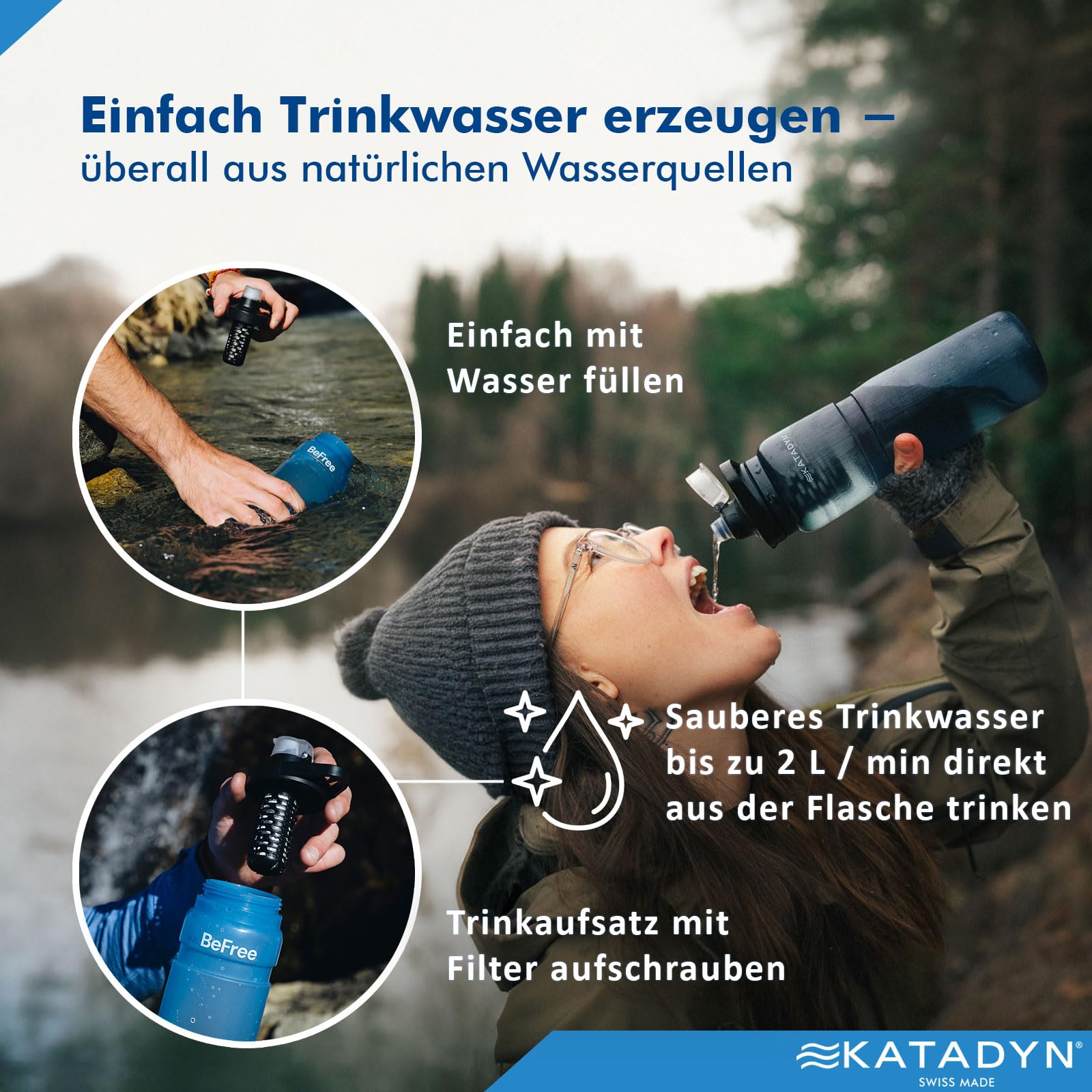 Katadyn BeFree AC Bottle 0.9L Outdoor Trinkflasche mit 2-fach Wasserfilter ultraleicht | Hohlfaser und Aktivkohle | Camping Wandern Fahrrad Trekking Reisen | BPA-frei